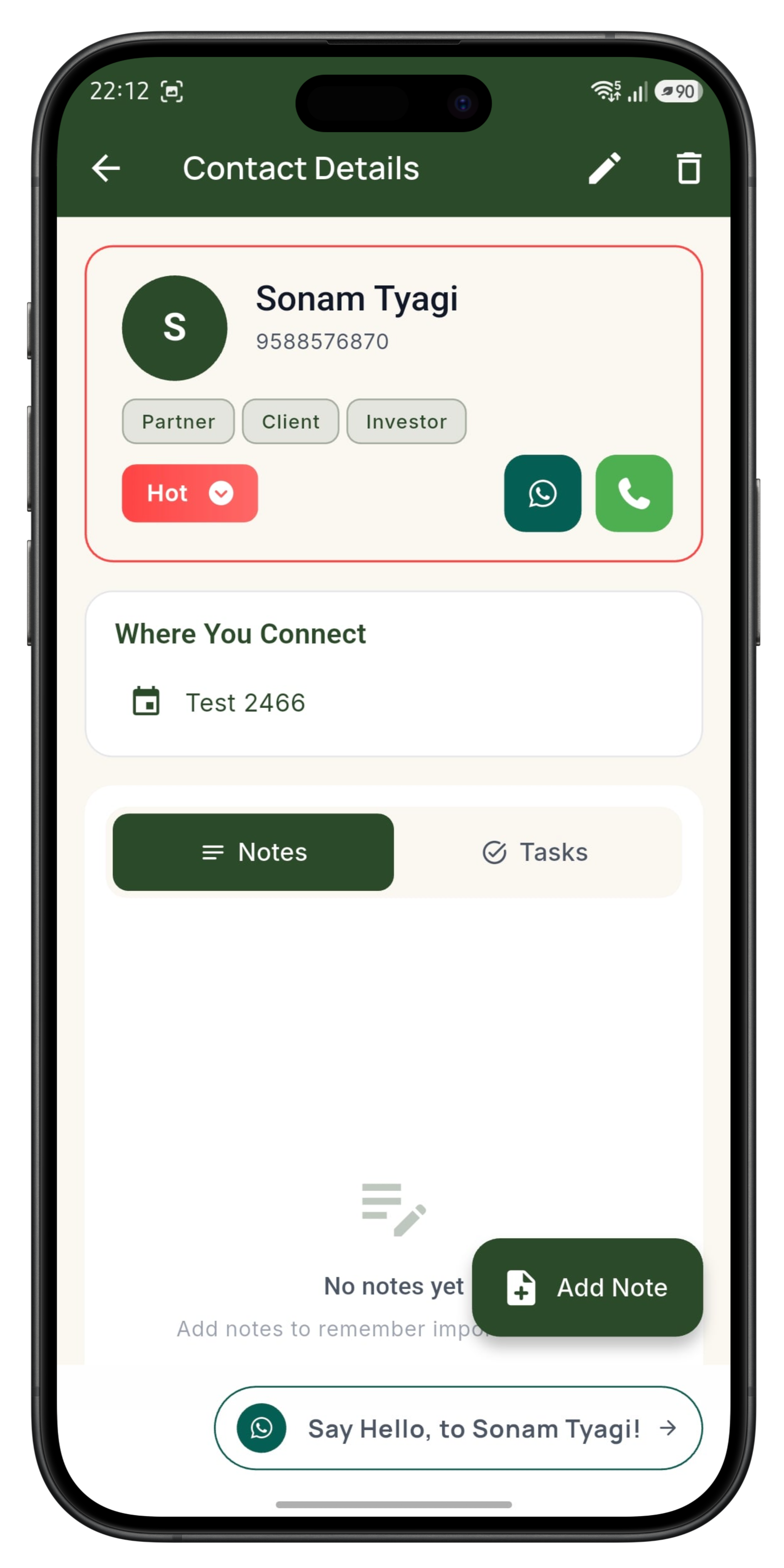 Contact details with tags, WhatsApp, and notes