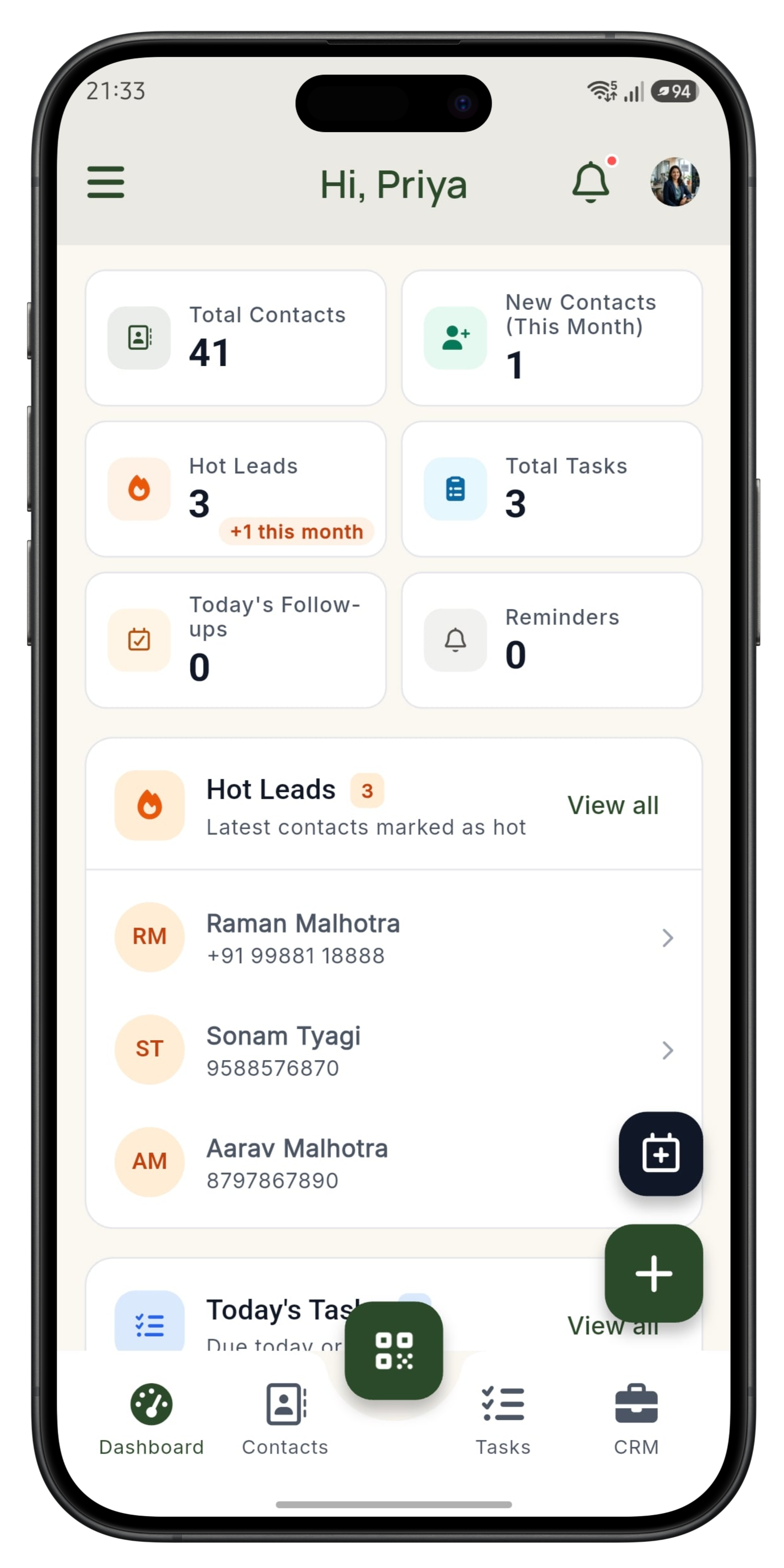 YOPO dashboard showing contacts, hot leads, and follow-up tasks