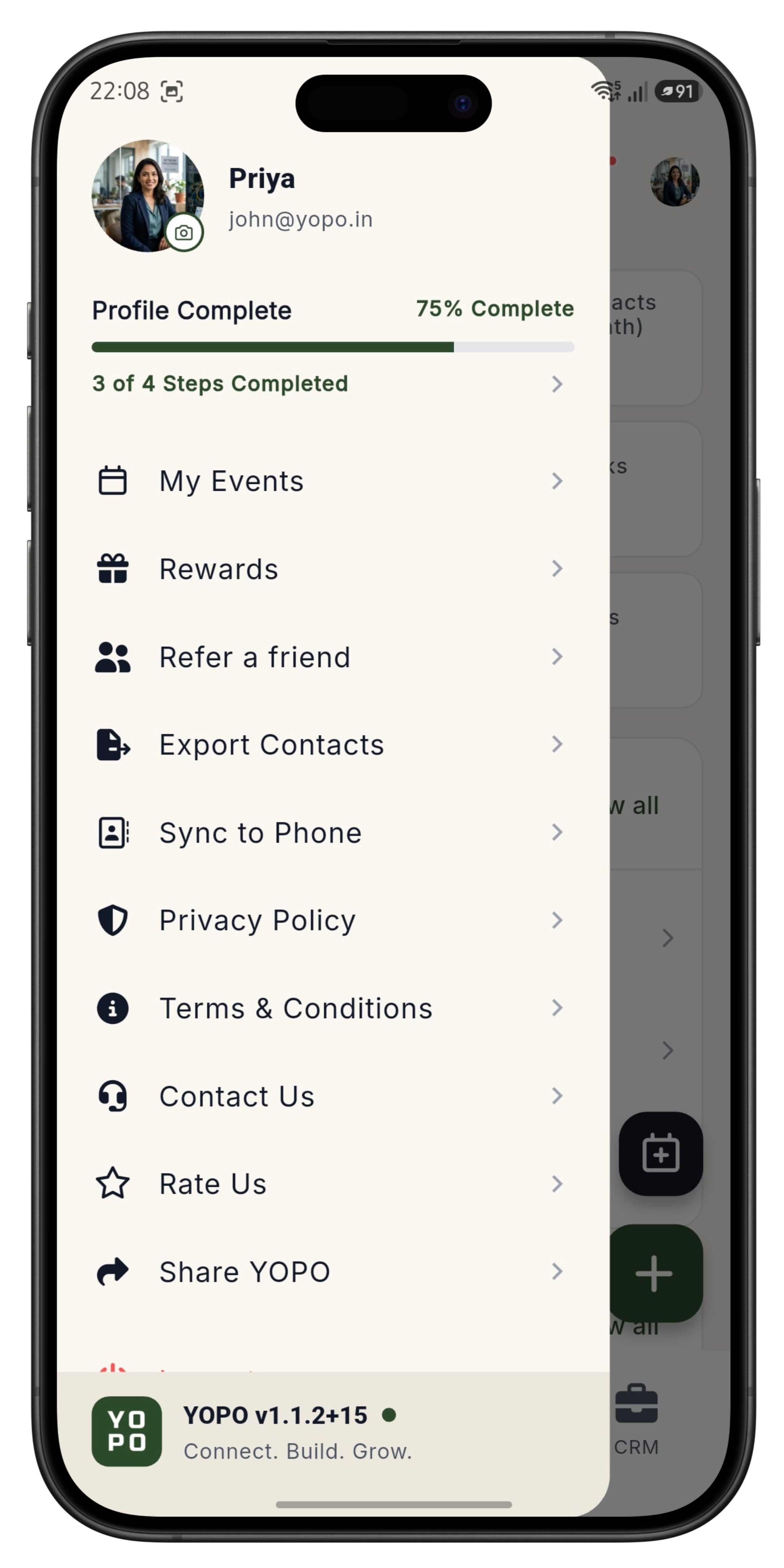 YOPO menu with events, export, and settings