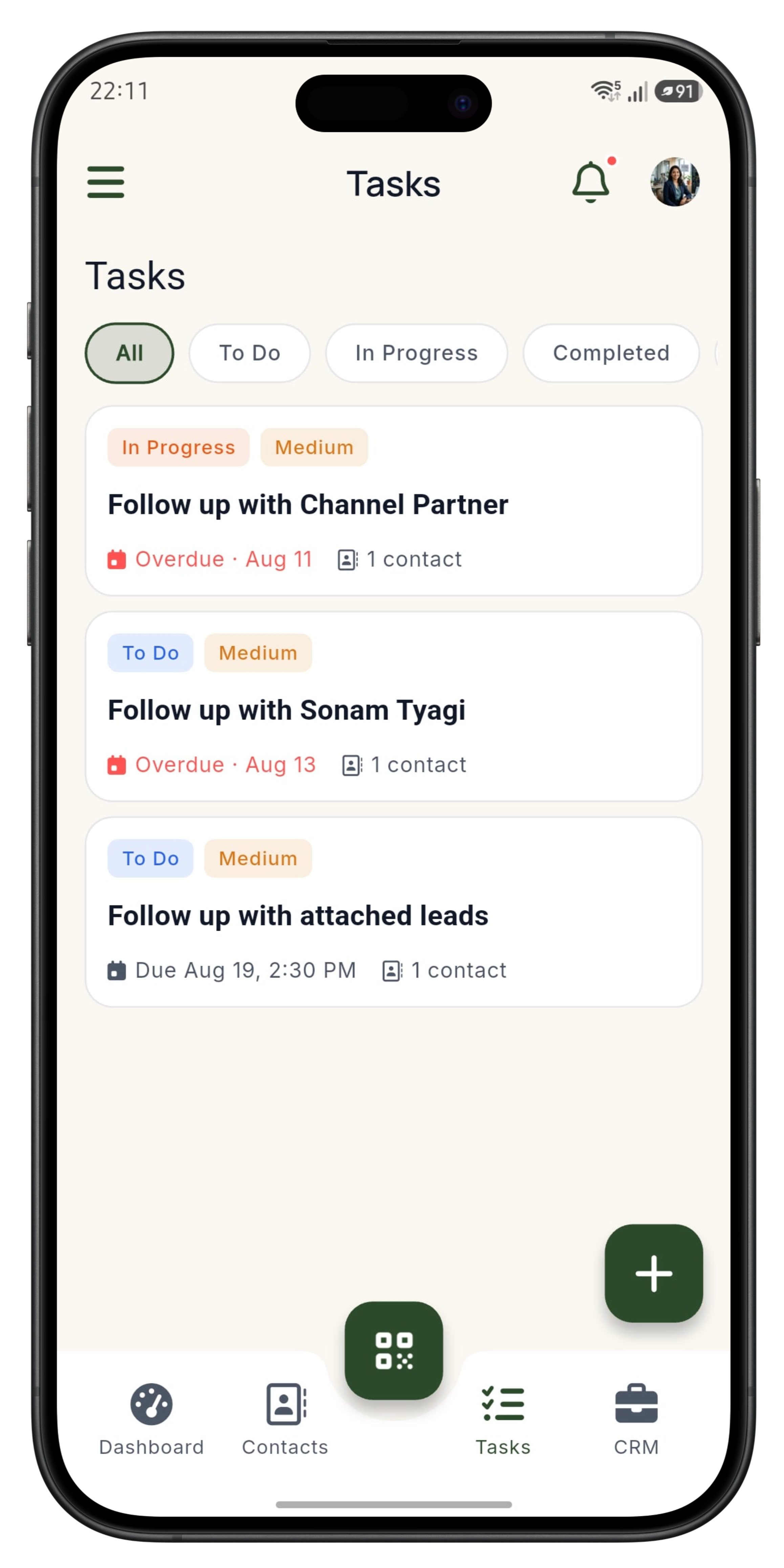 Tasks list with follow-ups and due dates